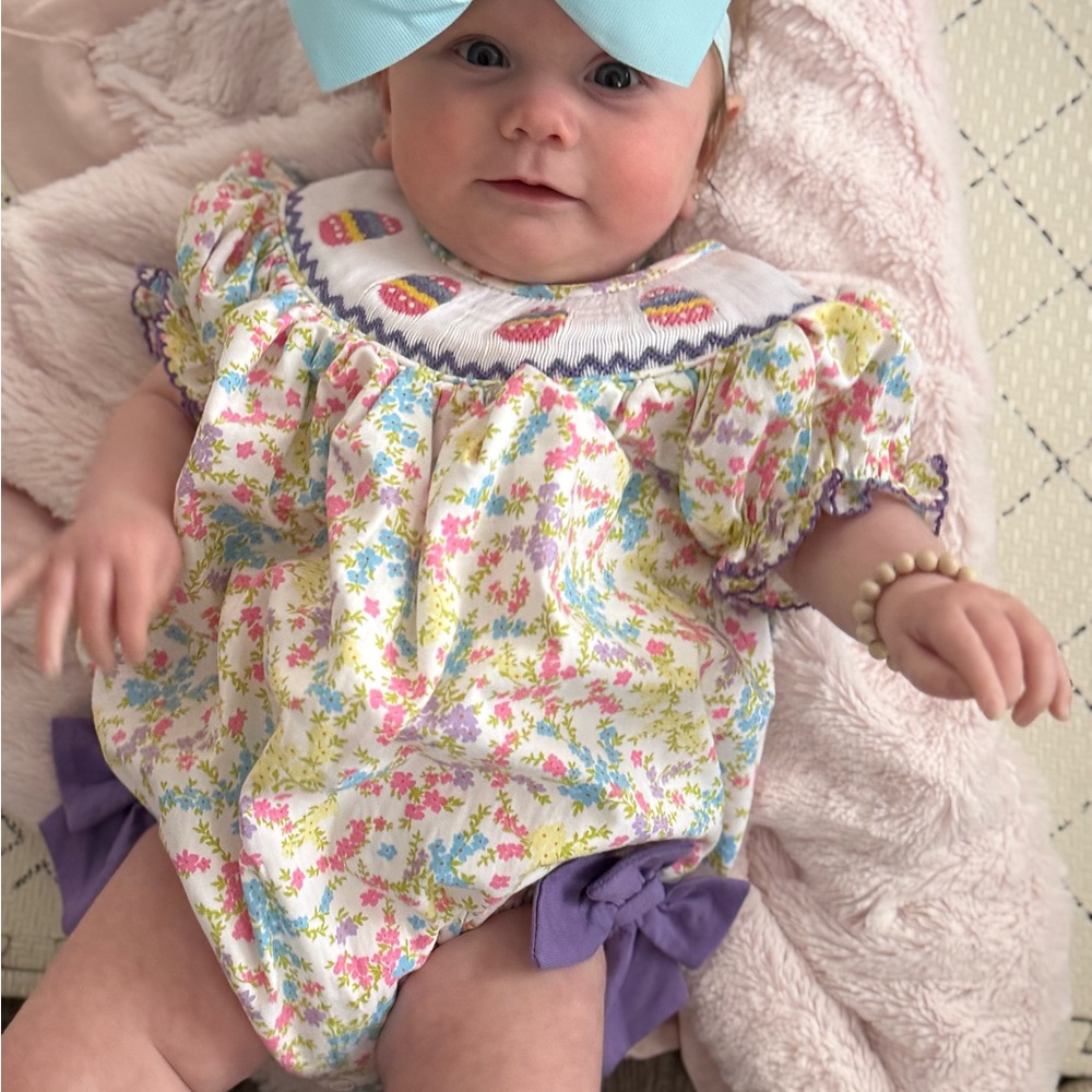Smocked Flamingo | Floral Easter Egg Baby Bubble 3M